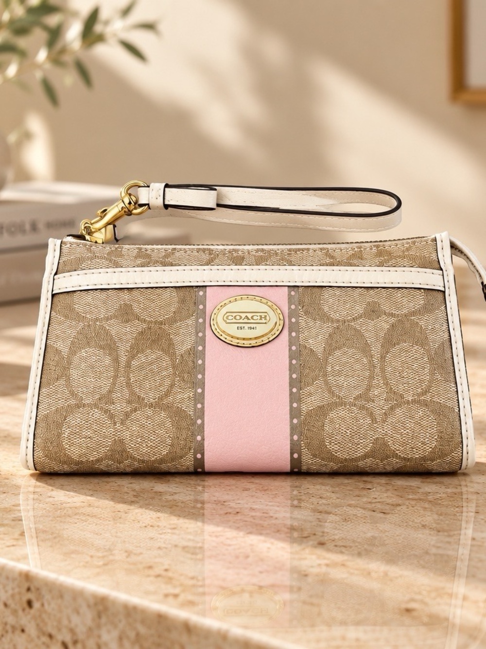 Coach Beige Signature Canvas Wristlet with Pink Stripe and White Trim